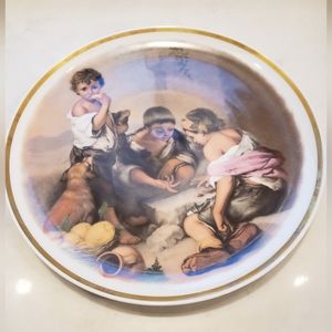 Children playing gold rimmed plate Family Treasure Fine Porcelain China Germany
